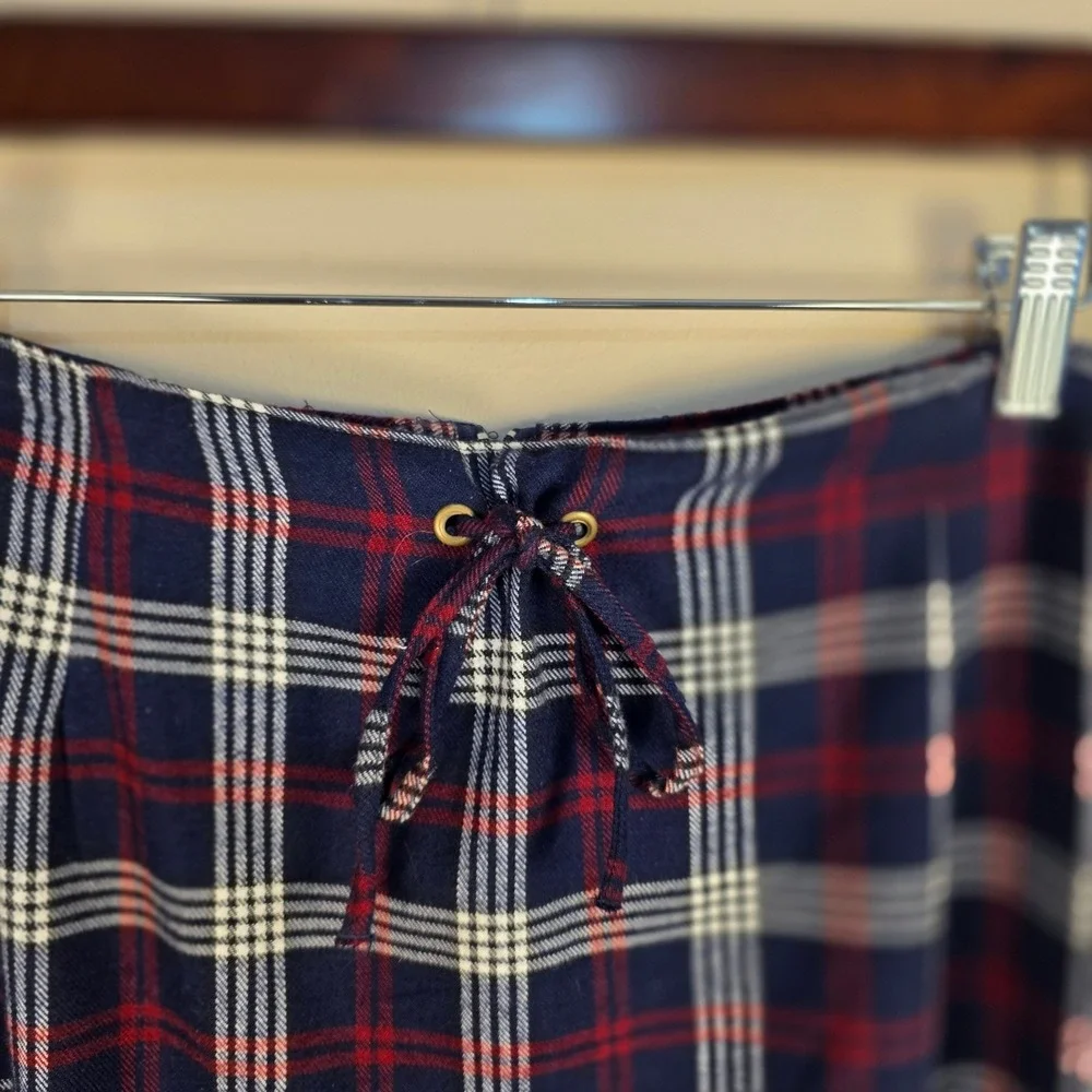 Maxi Skirt Women 12 Navy Red Plaid Fringed Hem Front Tie Preppy Academia‎